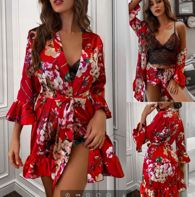 Új 3 részes női pizsama szettek Műselyem virágos kimonó köntös Hálóruha szettek Szexi csipke Divat Alkalmi otthoni ruhák Hálóruhák