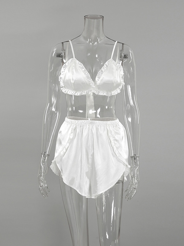 Hiloc fehér szatén szexi melltartók fodros intim ruhák női hálóruha zöld hát nélküli fehérnemű női szett női 2 részes 2023