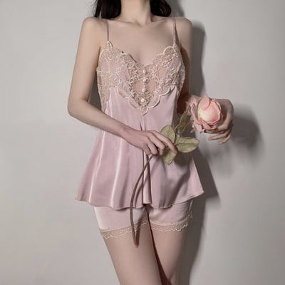 Lisacmvpnel Ice Silk Sexy Supender Shorts PAJAMAS kétrészes szett Gyönyörű hátsó csipke divatos hálóruha