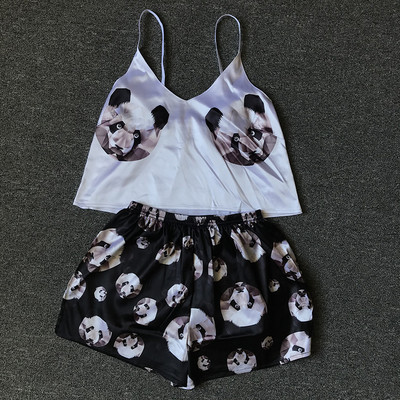 Spageti siksniņas zīda pidžamas komplekts bez piedurknēm ar dzīvnieku apdruku pidžamas miega šortu komplekts mežģīņu pidžamas uzvalks guļamveļa sieviešu seksīgas naktskrekli