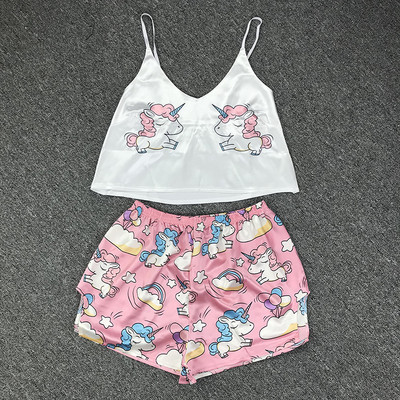 Spageti siksniņas zīda pidžamas komplekts bez piedurknēm ar dzīvnieku apdruku pidžamas miega šortu komplekts mežģīņu pidžamas uzvalks guļamveļa sieviešu seksīgas naktskrekli