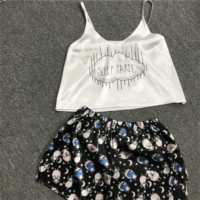 Spageti siksniņas zīda pidžamas komplekts bez piedurknēm ar dzīvnieku apdruku pidžamas miega šortu komplekts mežģīņu pidžamas uzvalks guļamveļa sieviešu seksīgas naktskrekli