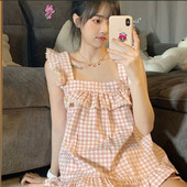 Sieviešu pidžamas Kawaii rūtaini pidžamas mežģīņu guļamveļa 2 daļiņu komplekts Sieviešu vasaras uzvalks pidžama jauks mājas apģērbs pidžamas guļamveļa