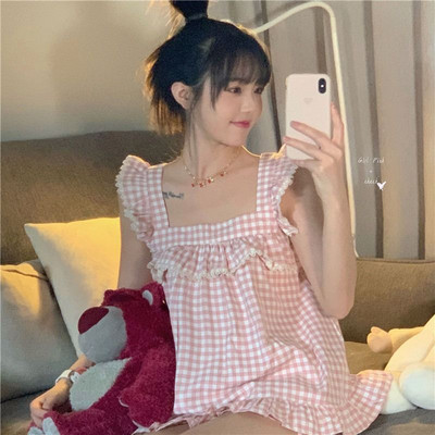 Sieviešu pidžamas Kawaii rūtaini pidžamas mežģīņu guļamveļa 2 daļiņu komplekts Sieviešu vasaras uzvalks pidžama jauks mājas apģērbs pidžamas guļamveļa