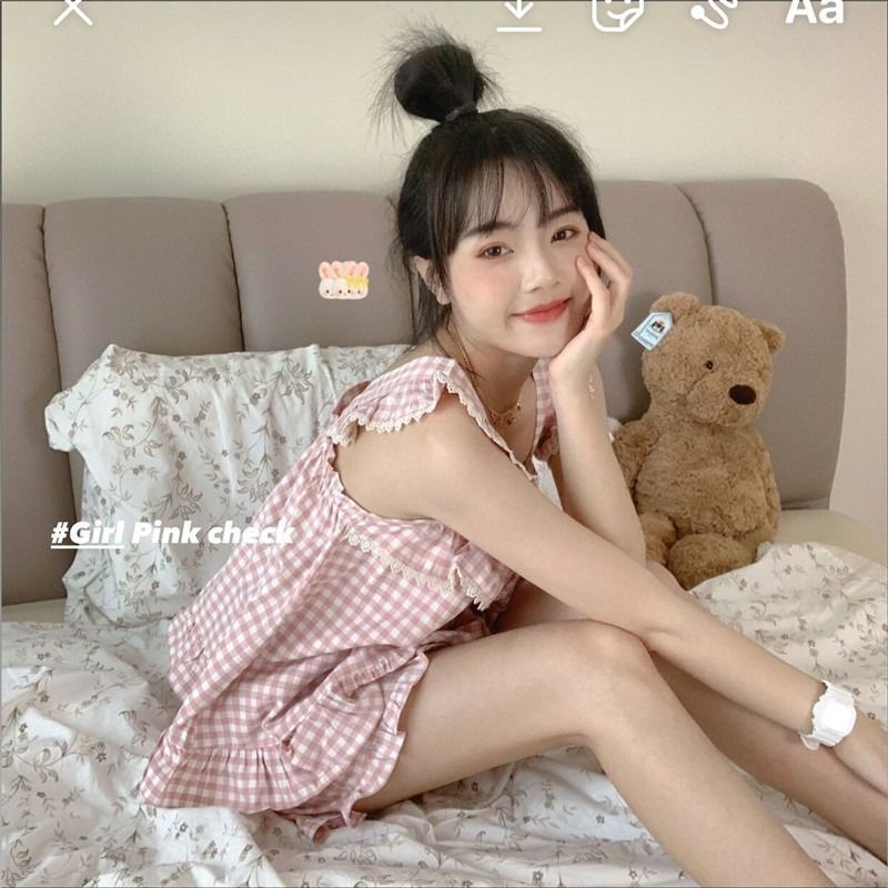 Sieviešu pidžamas Kawaii rūtaini pidžamas mežģīņu guļamveļa 2 daļiņu komplekts Sieviešu vasaras uzvalks pidžama jauks mājas apģērbs pidžamas guļamveļa