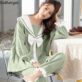 Őszi hosszú ujjú pizsama szettek Női masni hercegnő édes hálóruha Laza M-3XL nagyméretű nappali hálóruha kétrészes pizsama aranyos