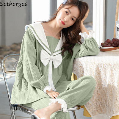 Rudens pidžamu komplekti ar garām piedurknēm Sieviešu Bow Princess Sweet Sweet Sweet Dress M-3XL Big Size Lounge Naktsveļa Divu gabalu pidžamas Cute