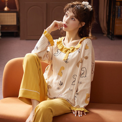 Őszi hosszú ujjú pizsama szettek Női masni hercegnő édes hálóruha Laza M-3XL nagyméretű nappali hálóruha kétrészes pizsama aranyos