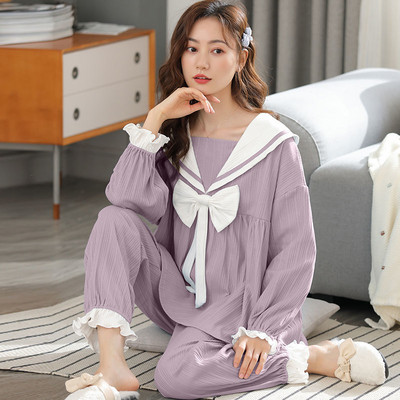 Őszi hosszú ujjú pizsama szettek Női masni hercegnő édes hálóruha Laza M-3XL nagyméretű nappali hálóruha kétrészes pizsama aranyos