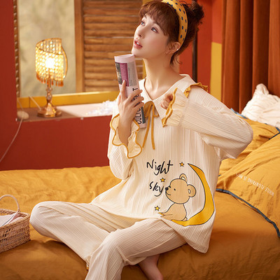 Őszi hosszú ujjú pizsama szettek Női masni hercegnő édes hálóruha Laza M-3XL nagyméretű nappali hálóruha kétrészes pizsama aranyos