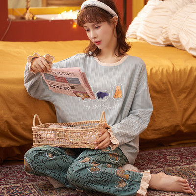 Őszi hosszú ujjú pizsama szettek Női masni hercegnő édes hálóruha Laza M-3XL nagyméretű nappali hálóruha kétrészes pizsama aranyos