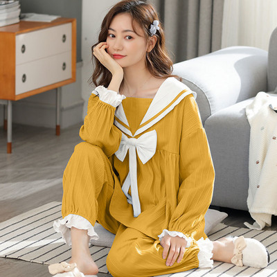 Őszi hosszú ujjú pizsama szettek Női masni hercegnő édes hálóruha Laza M-3XL nagyméretű nappali hálóruha kétrészes pizsama aranyos