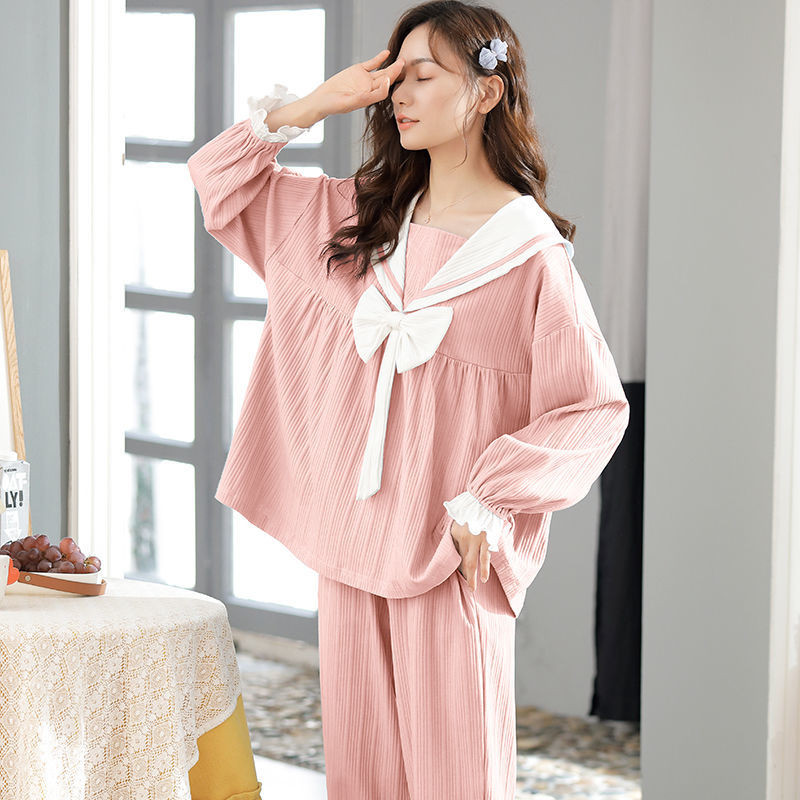 Őszi hosszú ujjú pizsama szettek Női masni hercegnő édes hálóruha Laza M-3XL nagyméretű nappali hálóruha kétrészes pizsama aranyos