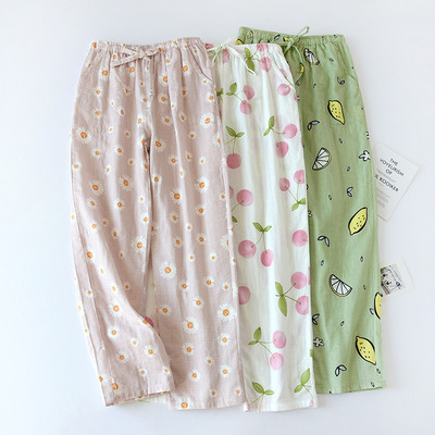 Pantaloni de pijama japoneză 100% bumbac Pantaloni de acasă din tifon de bumbac de vară Pantaloni de dormit cu talie elastică Pantaloni casual subțiri largi