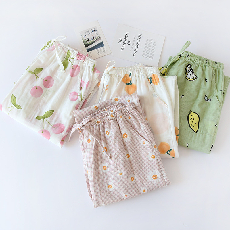 Japán 100% pamut pizsama nadrág Női nyári pamut géz Otthoni nadrág Elasztikus derékalsó alsó alsó vékony laza alkalmi nadrág