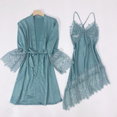 Twinset köntös szett Csipkés, kivágott hálóruha Női hálóing nyári kétrészes fürdőköpeny ruha szatén szexi szuszpenziós hálóing öltöny