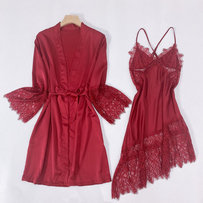 Twinset köntös szett Csipkés, kivágott hálóruha Női hálóing nyári kétrészes fürdőköpeny ruha szatén szexi szuszpenziós hálóing öltöny