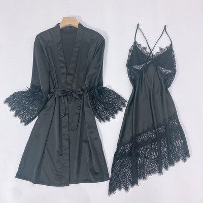 Twinset köntös szett Csipkés, kivágott hálóruha Női hálóing nyári kétrészes fürdőköpeny ruha szatén szexi szuszpenziós hálóing öltöny