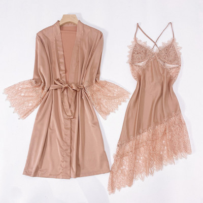 Twinset köntös szett Csipkés, kivágott hálóruha Női hálóing nyári kétrészes fürdőköpeny ruha szatén szexi szuszpenziós hálóing öltöny