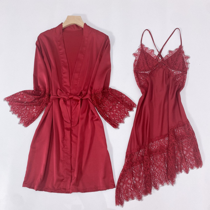 Twinset köntös szett Csipkés, kivágott hálóruha Női hálóing nyári kétrészes fürdőköpeny ruha szatén szexi szuszpenziós hálóing öltöny
