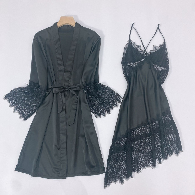 Twinset köntös szett Csipkés, kivágott hálóruha Női hálóing nyári kétrészes fürdőköpeny ruha szatén szexi szuszpenziós hálóing öltöny