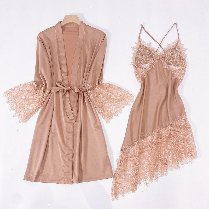Twinset köntös szett Csipkés, kivágott hálóruha Női hálóing nyári kétrészes fürdőköpeny ruha szatén szexi szuszpenziós hálóing öltöny