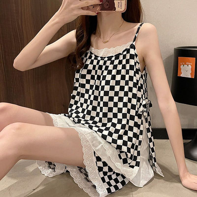 M-4XL pizsama szettek Női táskás ujjatlan nyári finom, vintage kockás, édes fodrok Elegáns, népszerű francia stílusú hálóruha