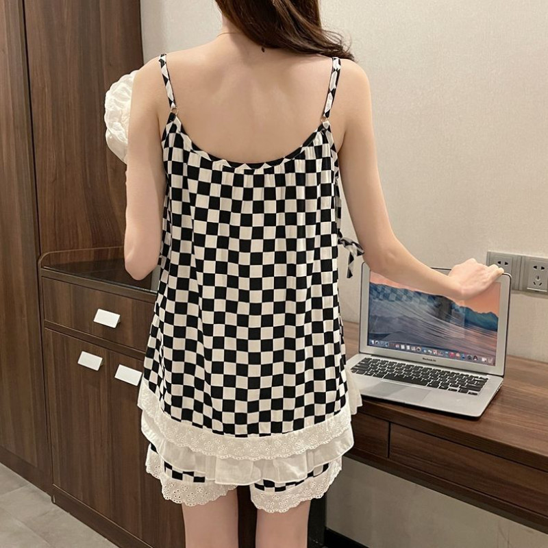M-4XL pizsama szettek Női táskás ujjatlan nyári finom, vintage kockás, édes fodrok Elegáns, népszerű francia stílusú hálóruha