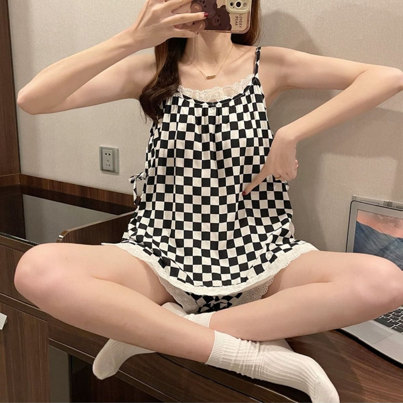 M-4XL pizsama szettek Női táskás ujjatlan nyári finom, vintage kockás, édes fodrok Elegáns, népszerű francia stílusú hálóruha