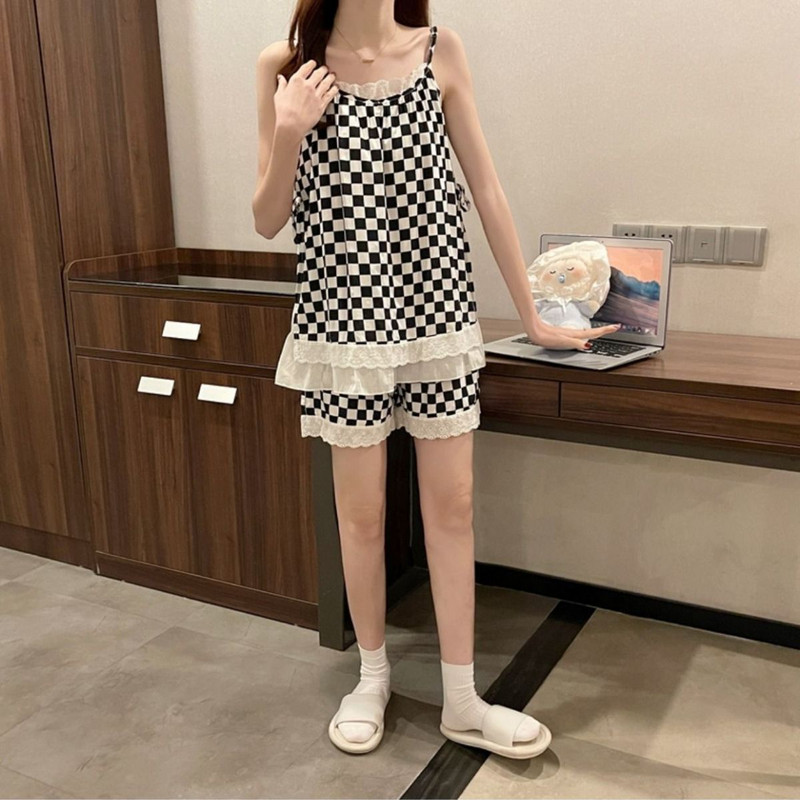 M-4XL pizsama szettek Női táskás ujjatlan nyári finom, vintage kockás, édes fodrok Elegáns, népszerű francia stílusú hálóruha