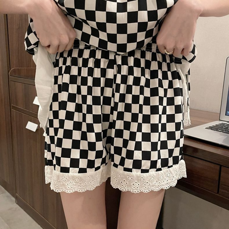 M-4XL pizsama szettek Női táskás ujjatlan nyári finom, vintage kockás, édes fodrok Elegáns, népszerű francia stílusú hálóruha