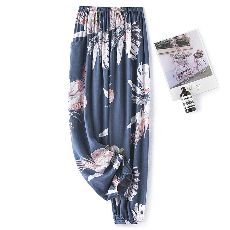 Női pamut szatén pizsama nadrágok 2022 nyár Hálóruha Nadrág Alsó Hálóruha Női Bő elasztikus derék Virágos nadrág Háziruha