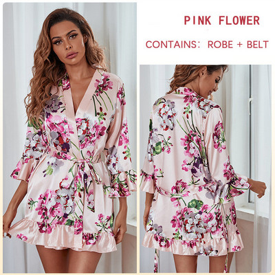 Rayon Crane virágmintás köntös ruha női szexi fodros szegély kimonó fürdőköpeny flare ujjú hálóruha Alkalmi hálóing nappali ruha