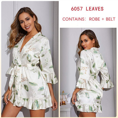 Rayon Crane virágmintás köntös ruha női szexi fodros szegély kimonó fürdőköpeny flare ujjú hálóruha Alkalmi hálóing nappali ruha