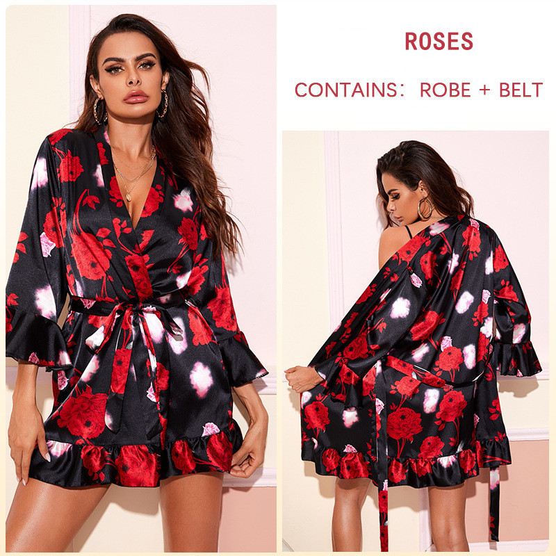 Rayon Crane virágmintás köntös ruha női szexi fodros szegély kimonó fürdőköpeny flare ujjú hálóruha Alkalmi hálóing nappali ruha