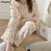 Női pizsama szettek teljes ujjú, nyomott O-nyakú őszi Kawaii édes lányos szabadidős mindennapi otthoni ruhák, koreai stílusú női ruhák