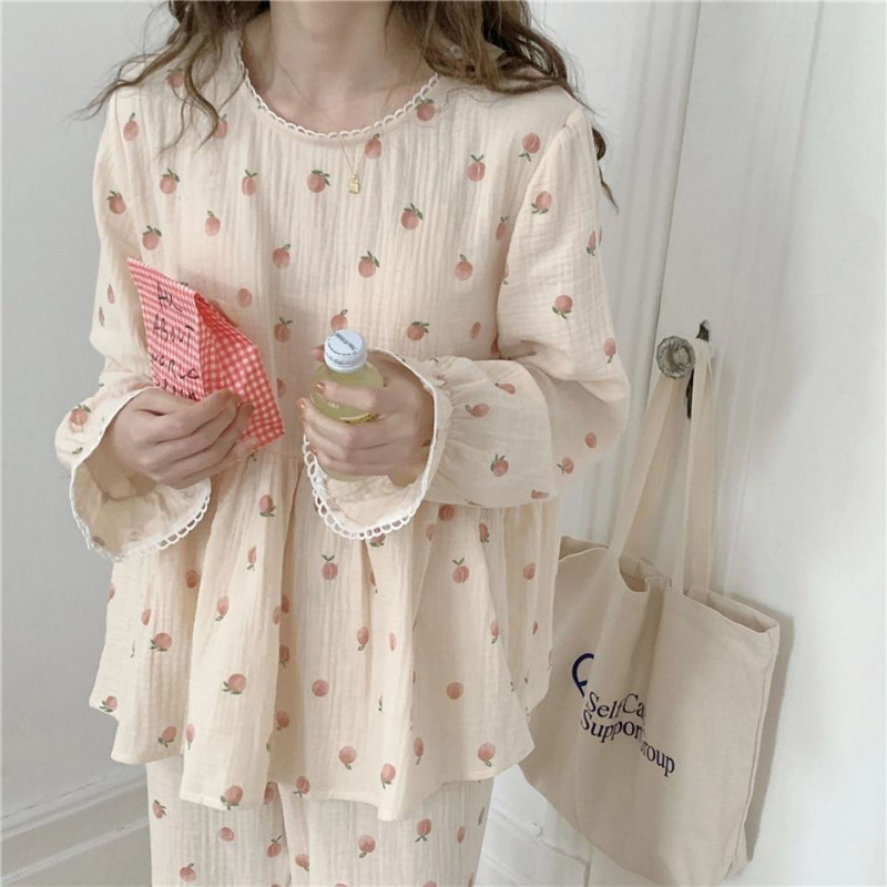 Női pizsama szettek teljes ujjú, nyomott O-nyakú őszi Kawaii édes lányos szabadidős mindennapi otthoni ruhák, koreai stílusú női ruhák