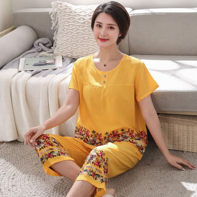 Női rövid ujjú Hímző Virág pizsama szett Nyári Új 3XL pamut pizsama Anyának Puha Otthon Szabadidős viselet