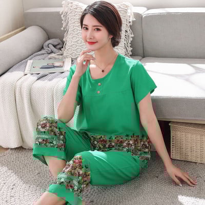 Női rövid ujjú Hímző Virág pizsama szett Nyári Új 3XL pamut pizsama Anyának Puha Otthon Szabadidős viselet
