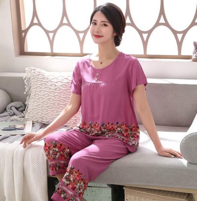 Női rövid ujjú Hímző Virág pizsama szett Nyári Új 3XL pamut pizsama Anyának Puha Otthon Szabadidős viselet