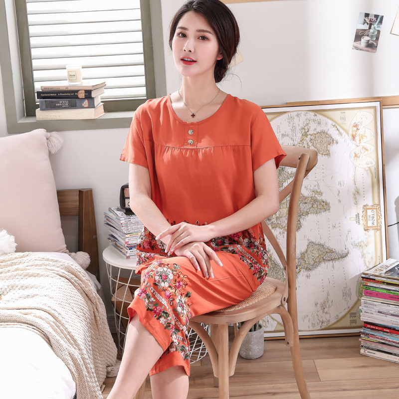 Női rövid ujjú Hímző Virág pizsama szett Nyári Új 3XL pamut pizsama Anyának Puha Otthon Szabadidős viselet