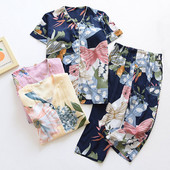 2023 nyári új női V-nyakú kardigán+nadrág pizsama szett nyomtatott női komfort hálóruha Puha vékony otthoni ruha mellkaspárnával