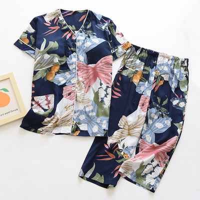 2023 nyári új női V-nyakú kardigán+nadrág pizsama szett nyomtatott női komfort hálóruha Puha vékony otthoni ruha mellkaspárnával