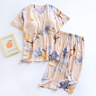 2023 nyári új női V-nyakú kardigán+nadrág pizsama szett nyomtatott női komfort hálóruha Puha vékony otthoni ruha mellkaspárnával