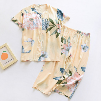 2023 nyári új női V-nyakú kardigán+nadrág pizsama szett nyomtatott női komfort hálóruha Puha vékony otthoni ruha mellkaspárnával