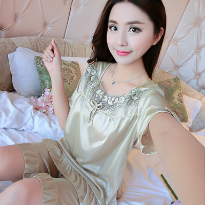 Kompleti pidžama Ženske pidžame s O-izrezom Čipkane majice kratkih rukava Prozračna mašna Elegantne jednobojne kratke hlače Korejska modna prekomjerna spavaćica Lady