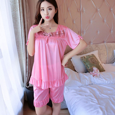 Kompleti pidžama Ženske pidžame s O-izrezom Čipkane majice kratkih rukava Prozračna mašna Elegantne jednobojne kratke hlače Korejska modna prekomjerna spavaćica Lady