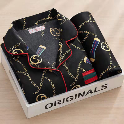 Vīriešu sieviešu zīda pidžamas kostīmi meitenēm pavasarī ar garām piedurknēm, tievu daļu, salda korejiešu versija, zīda lielizmēra mājas apģērbi