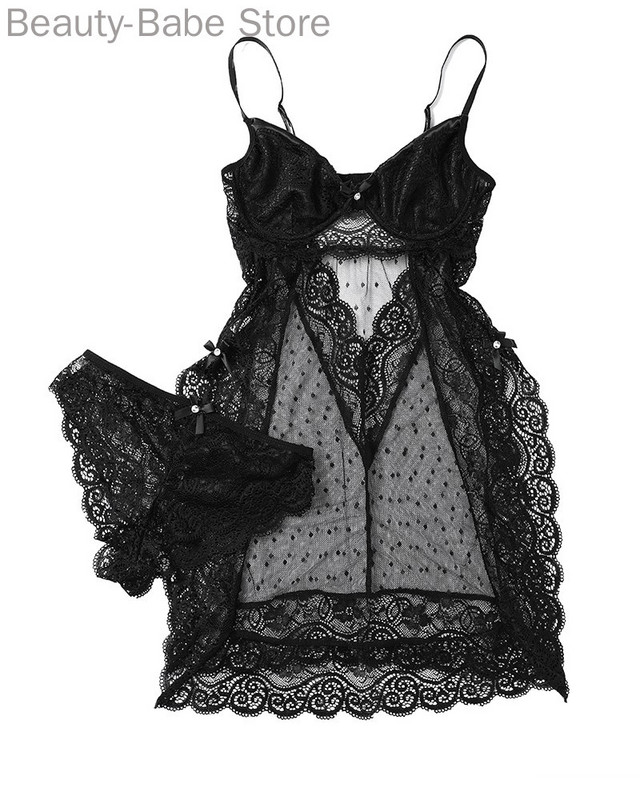 Sieviešu Sexy Babydoll Mežģīņu Apakšveļa Josta Vannas Halāts Naktsveļa Kontrasts Mežģīnes Caurspīdīgs Tīkls Sadalīta Babydoll ar siksniņām