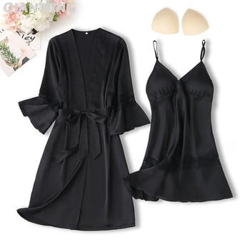 Λευκό Kimono Robe Σετ Καλοκαιρινό Lady Twinset Μπουρνούζι Νυχτικό Σέξι Πυζά με Δαντέλα με λαιμόκοψη σε V